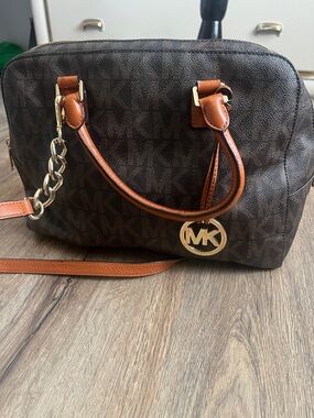Michael Kors Dark Brown Monogram Satchel with Tan Leather Trim